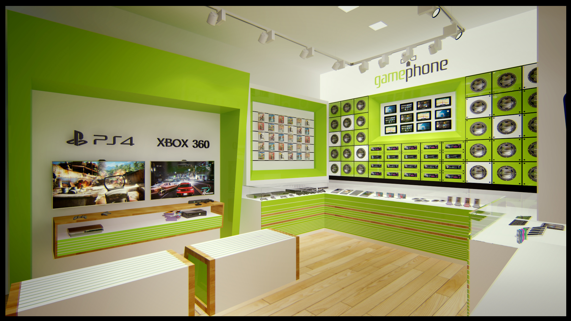 עיצוב פנים חנות מוצרים דיגיטליים עם פינת ישיבה Gamephone